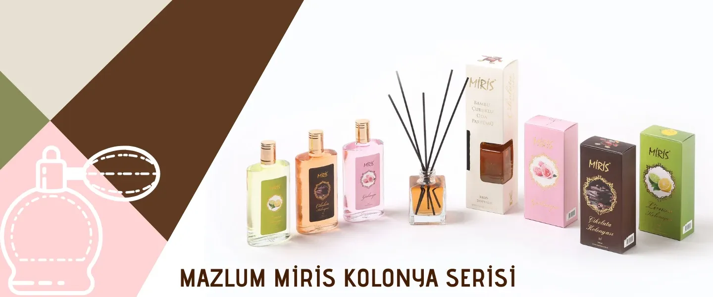 Mazlum Miris kolonya ve oda parfümü serisi ürünleri.